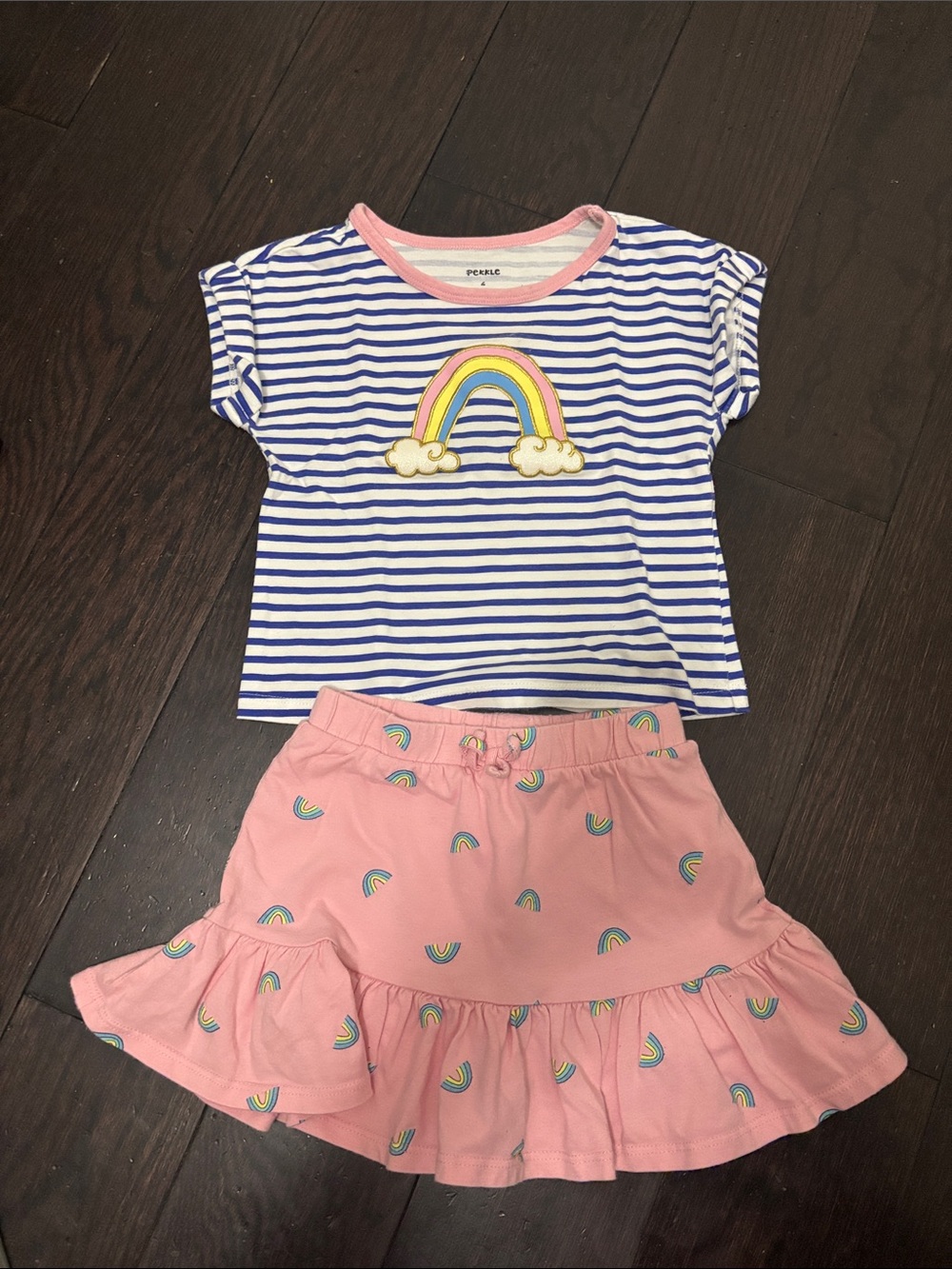 Striped Rainbow Tee & Pink Ruffle Skirt Girls' Set